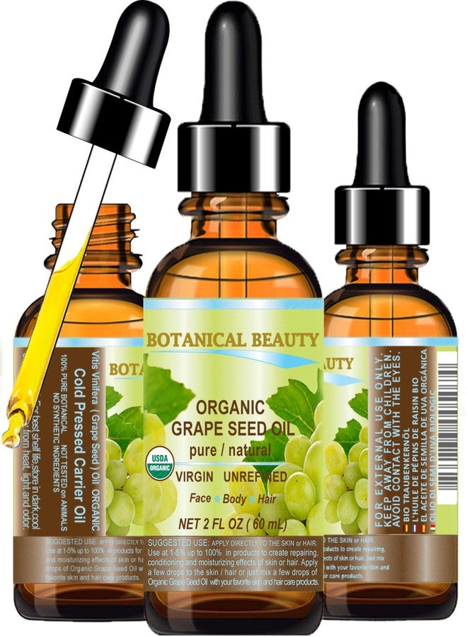 Botanical Beauty Organic GRAPE SEED OIL 100% Pure Natural VIRGIN UNREFINED Cold-Pressed Carrier Oil for Face, Skin, Body, Hair, Lip, Nails, Massage. Rich in Vitamin E (2 Fl Oz) - Image 1